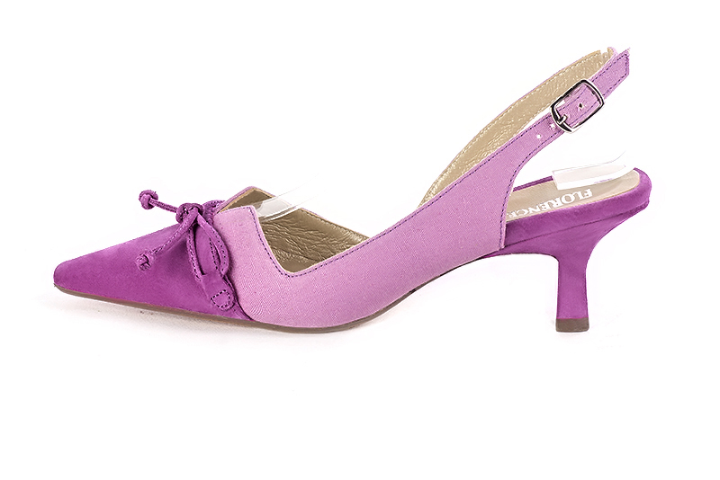 Mauve purple women's open back shoes, with a knot. Tapered toe. Medium spool heels. Profile view - Florence KOOIJMAN
